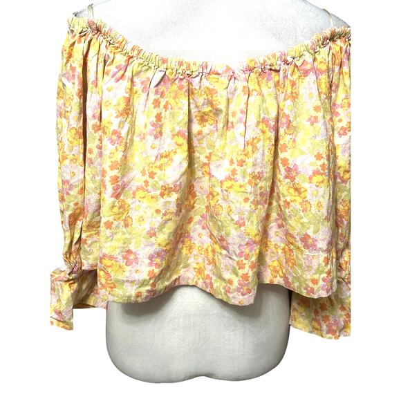 Free People Smocked Crop Top Off Shoulder Floral Button Front Multicolor W S NWT - Picture 8 of 11